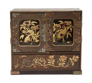 A Japanese table top shodana cabinet, Meiji period, comprised of one large base drawer, and six...