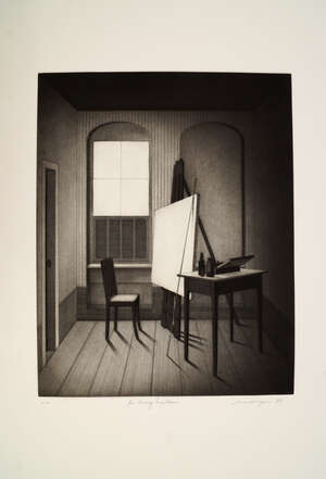 
	
		Friedrich Meckseper, 
		German b.1936- 
		Black and white interior table and chair, 1974;...