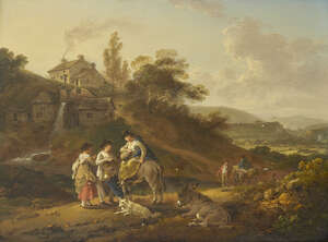 
	
		Julius Caesar Ibbetson, 
		 
		British 1759-1817- 
		 
		A wayside conversation in a...