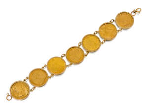 A 9ct gold-mounted sovereign bracelet, composed of seven sovereigns including Victorian young head 1872, Victoria Jubilee head 1889 and 1881, Victoria old head
