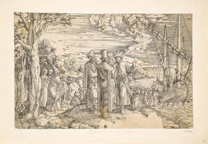 Jan Swart van Groningen, 
		Dutch c.1490/1500-c.1558- 
		 
		Christ Preaching; 
		 
		woodcut, signed with initials within the plate, bears embossed sta