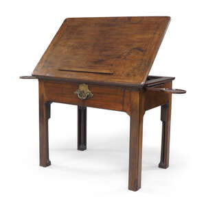 
	
		A George II mahogany architects table, c.1740, the hinged top with spring release rest,...