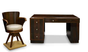 
	
		French Art Deco, a Macassar desk and a matched Macassar and walnut swivel chair
		