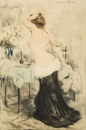 
	
		Manuel Robbe, 
		French 1872-1936- 
		La Toilette; 
		drypoint etching in colours on...