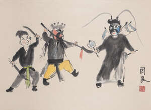 
	
		GUAN LIANG (1900-1986), ink and colour on paper, hanging scroll, Opera Figures, inscribed...