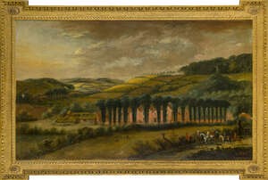 Jan Griffier the Younger, 
		Dutch 1698-1773- 
		 
		View of a manor house, traditionally identified as Stocks House, Hertfordshire; 
		 
		signed and d