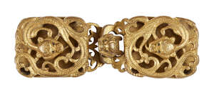 
	
		A Chinese archaistic gilt bronze belt buckle, 18th century, cast as a pair of openwork...