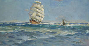 
	
		Rowland Fisher RA RMSA ROI, 
		British 1885-1969 - 
		 
		Boats at sea; 
		 
		oil on...