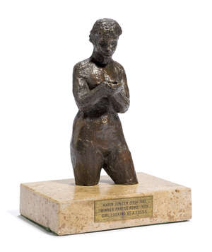 
	
		Karin Jonzen RBA ARBS, 
		British 1914-1998 - 
		 
		Girl looking at a fossil;...