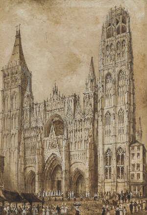 
	
		Nicholas Condy, 
		British 1793-1857- 
		 
		Rouen Cathedral, interior and exterior...