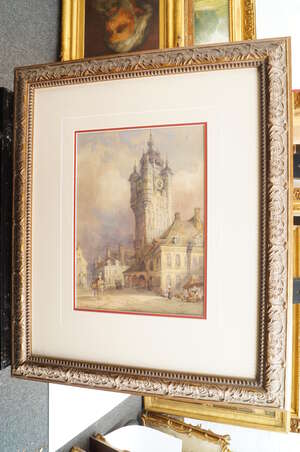
	
		Follower of David Roberts RA, Scottish 1796-1864- Figures in a town square; watercolour,...