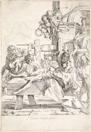 Pietro Testa, 
		Italian 16121650- 
		 
		The Martyrdom of Saint Erasmus; 
		 
		etching, bears inscription in ink, 27.5x19.3cm (mounted, unframed) 
		