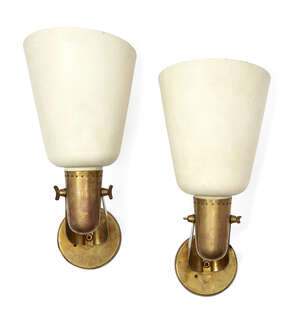
	
		Gino Sarfatti (Italian 1912-1985), a pair of Model 121 brass and painted aluminium wall...
