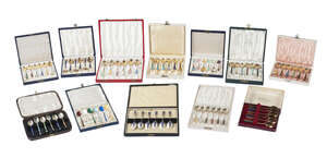 A cased set of six silver enamel coffee spoons, Birmingham c.1950, Turner & Simpson Ltd, together with eleven further cased sets of Continental silver enamel c