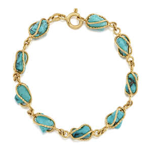 A turquoise-set bracelet, composed of a line of tumble polished turquoise in twist design cage mounts, length 17.5cm
		 
		Provence: The Herbert Kennard Col