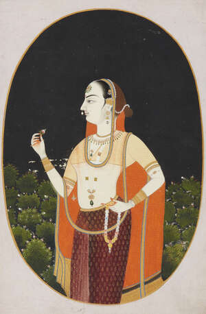 
	
		A portrait of a courtesan, Jaipur, India, circa 1800, opaque pigments on paper heightened...
