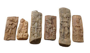 
	
		A collection of six Indian provincial carved wooden panels of traditional figural subject...