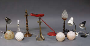 
	
		A brass Arts & Crafts table lamp, in the style of W.A.S Benson, together with further...