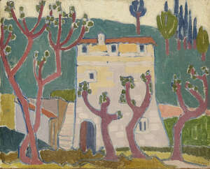 
	
		Jessica Dismorr,
		British 1885-1939-
		 
		House and trees;
		 
		oil on canvas...