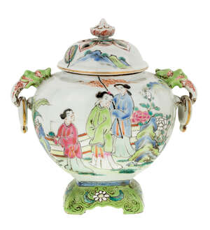 
	
		A famille rose twin-handled incense burner, 20th century, of rounded cuboid form with a...