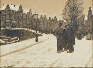 
	
		Max Stern, 
		German, 1872-1943-
		 
		Men gathered next to a canal, 1905;
		 
		black...