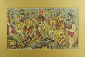 
	
		Two Islamic Persian prints, possibly used as propaganda, depicting a group of men...