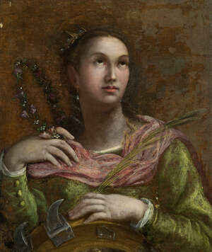 Lavinia Fontana, 
		Italian 1552-1614-
		 
		Self-portrait of the artist as St. Catherine of Alexandria, 1595;
		 
		oil on canvas over panel, signed, i