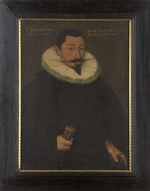 German School, 
		late 16th century- 
		 
		Portrait of Christoff zum Lamm, half-length, with stiff white collar and black coat, aged 39 years; 
		 
		o