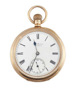 
	
		A 9ct gold open face keyless pocket watch by A. L. Meader, the white enamel dial with...