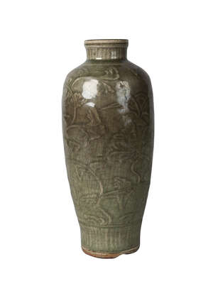 A Chinese Longquan grey stoneware celadon glazed vase, Ming dynasty, 16th century, of ovoid form, moulded with scrolling lotus blooms, glazed, recessed base, 2