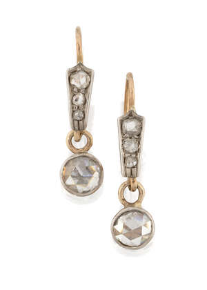 
	
		A pair of late 19th century gold, rose-cut diamond earrings, each with collet-set...
