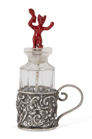 
	
		A red devil glass snuff bottle with silver stand, Birmingham, c.1906, Levi & Salaman, the...