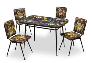 
	
		A 1960's Formica covered breakfast table with four matching vinyl covered chairs
		