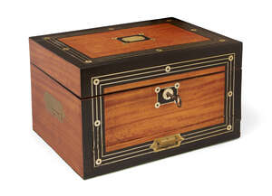 
	
		A Regency satinwood ebonised and brass strung travelling toilet box, the mother of pearl...