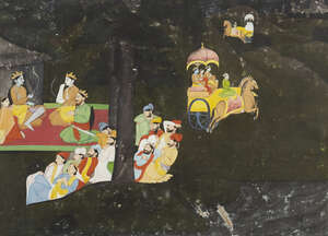 
	
		An illustration to a Ramayana Series: Sumantra drives the chariot carrying Rama,...