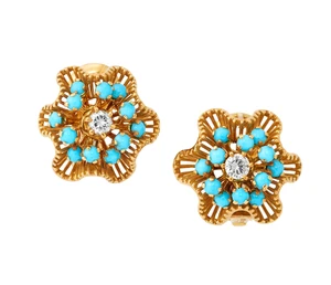 Ben Rosenfeld. A pair of 18ct gold diamond and turquoise earclips, each designed as a...