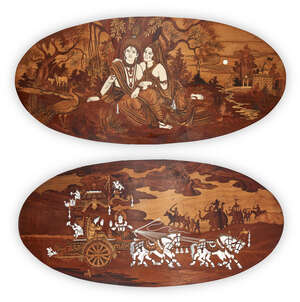 
	
		Two large wood- and bone-inlaid plaques with scenes depicting Krishna, India, second half...
