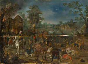 Sebastiaen Vrancx, 
		Flemish 1573-1647-
		 
		Soldiers invading a village;
		 
		oil on cradled panel, signed with initals, 48.3x65.5cm
		 
		Proven
