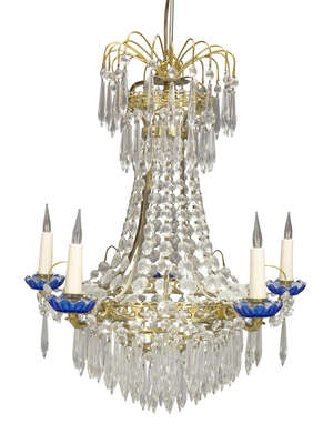 A Swedish gilt-brass and glass five-light chandelier, first half 20th century, the pierced...