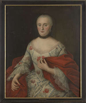 Attributed to Johann-Philipp Behr, 
		German, fl. 1740-1756- 
		Portrait of Anna Sybilla Ziegler (1712-1761), half-length, wearing a white dress with floral 