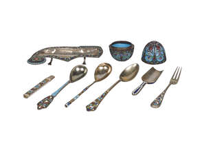 
	
		A collection of Russian silver and enamel ware, to include three spoons, a fork, pencil...