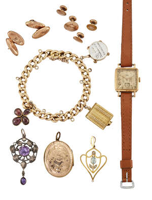 
	
		A group of jewellery and wrist watch, comprising: a 9ct gold curb-link bracelet...