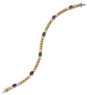 
	
		An Italian gem and bead bracelet, of bead-link design, with collet-set cabochon emerald,...