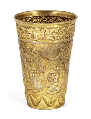 
	
		A gilt metal cup, apparently unmarked, chased with scenes depicting the sacrifice of...