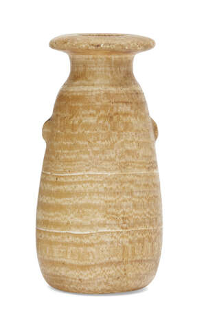 An Egyptian banded alabaster alabastra,  late Period  Ptolemaic, 7th - 2nd Centuries B.C., with disc rim, short cylindrical neck and vestigial lugs, 8.9cm. hig