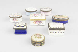 
	
		Four Staffordshire enamel boxes, 18th century, with various mottos to the lids, As turtle...