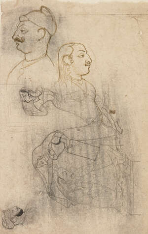 
	
		Studies of nobles, Kotah, Rajasthan, 19th/20th century, pencil on paper, depicting three...