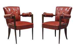 
	
		French Art Deco, a pair of maccasar and leather upholstered elbow chairs,
		c.1940,
		