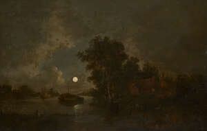 
	
		Attributed to Sebastian Pether, 
		British 1790-1844- 
		 
		Moonlit river scene with...