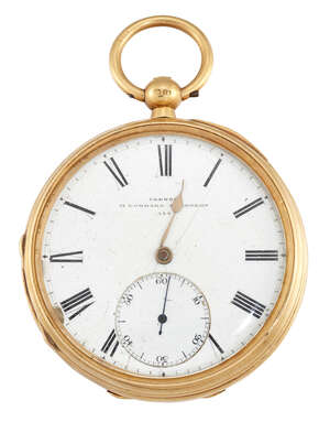 
	
		An 18ct gold open-face pocket watch, the white enamel dial with Roman numerals and gilt...
